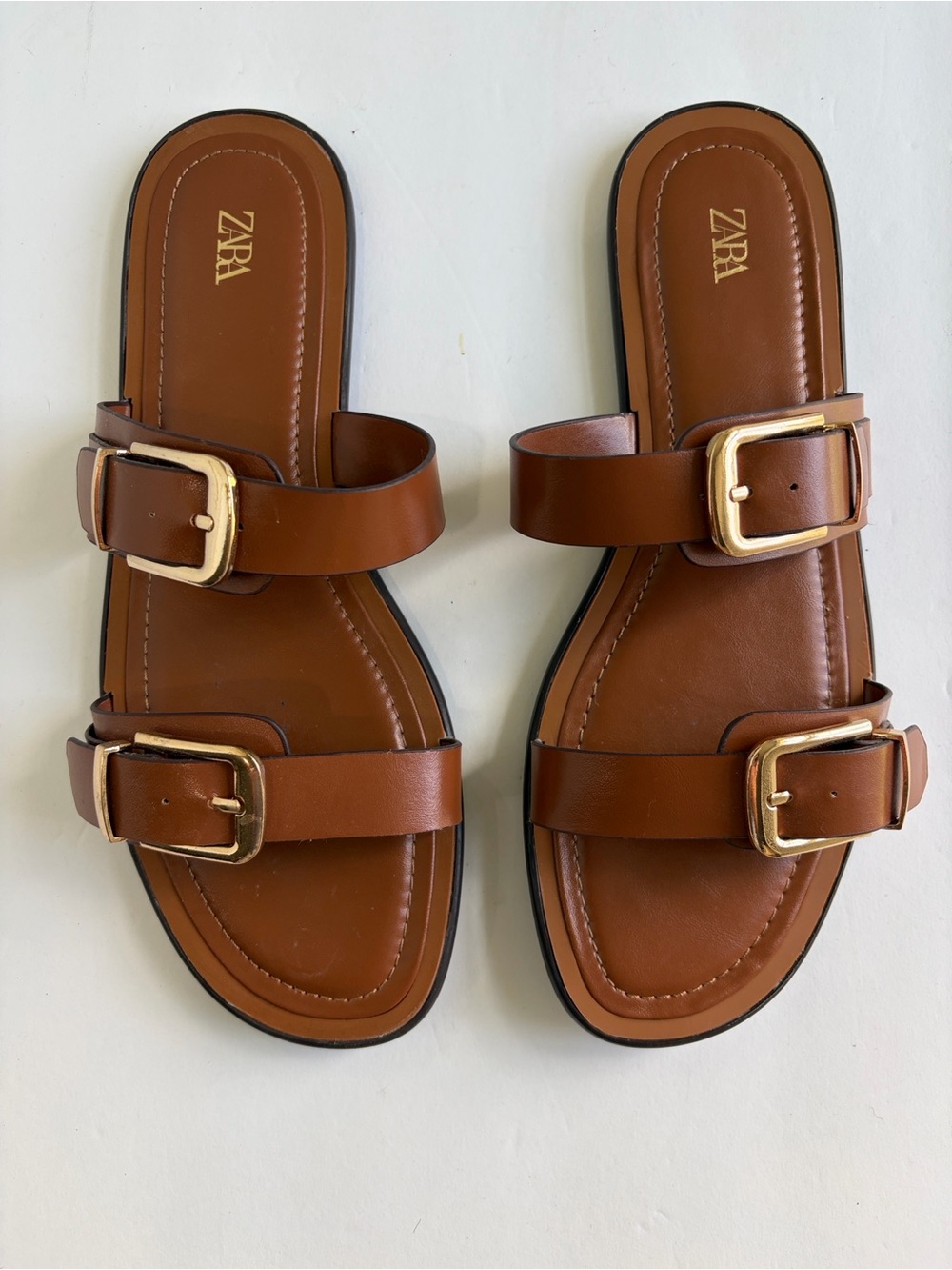 ZARA Brown Double Strap Buckle  Slide Sandals